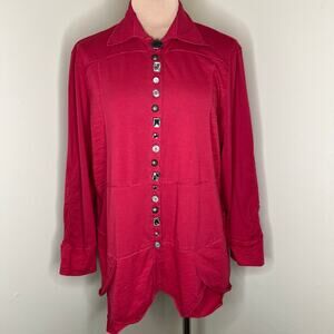 Neon Buddha Top XL Womens Button Up Tunic Artsy Pink Shirt 3/4 Sleeve Bohemian